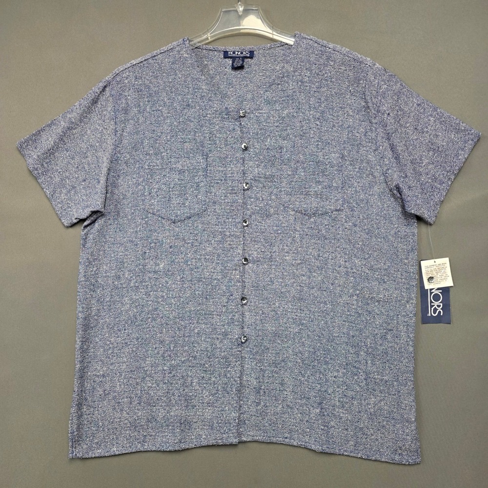 Honors Button Up Women's Short Sleeve Silk Blouse Blue XL